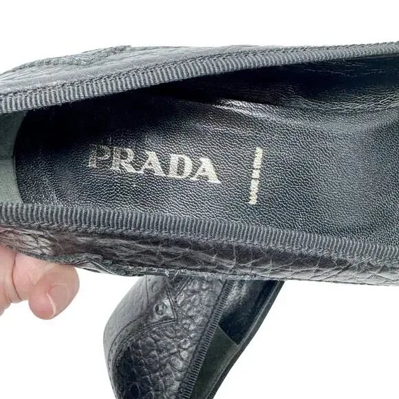 Vintage Prada Brogue Kitten Heel Pumps Black Leather Square Toe Size 39 - Picture 9 of 10